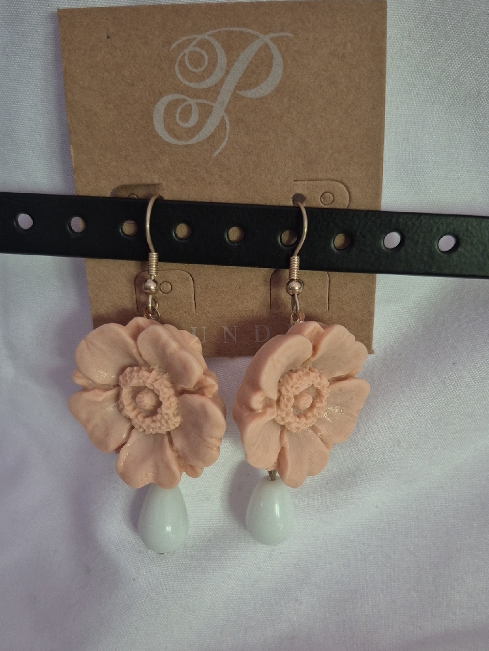 Peach Floral Drop Earrings with White Teardrop